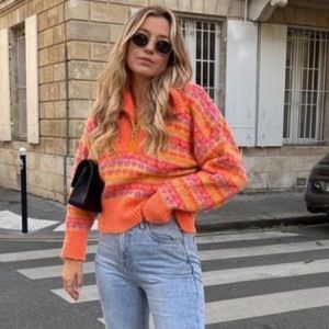 Zara Half Zip Orange Printed Sweater Blogger Favorite Size Medium